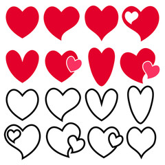 Love heart icon. Loving hearts, red like and lovely romance outline symbols. Valentine lovely passion hearted emotional drawn or valentines day loving