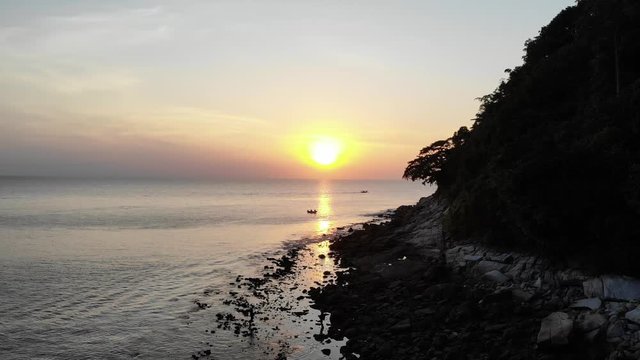 Aerial view of Layan beach with sunset at Phuket Thailand