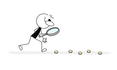 Doodle stick figure:Man looking on golden coins lying on ground through magnifier glass. Financial Success Research and Opportunity, banking.