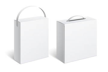 Realistic White Package Box with handle. For Software, electronic device and other products. Vector illustration.