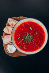 borscht with greens and bacon with croutons