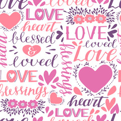 Seamless christian pattern with hand lettering words Love, Heart, Loved and blessed
