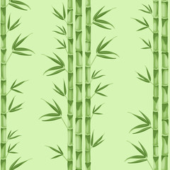 Fototapeta na wymiar Seamless pattern with stems and leaves of bamboo on a green background. Vector illustration of tropical asian plant in cartoon flat style.