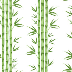 Green bamboo on a white background seamless pattern. Vector illustration of green stems and bamboo leaves in cartoon flat style.