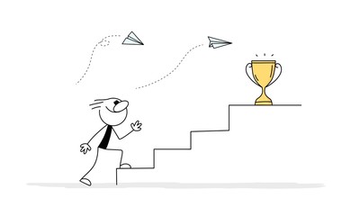 Doodle stick figure: man walking up the stairs with golden cup on the top to her goal. 