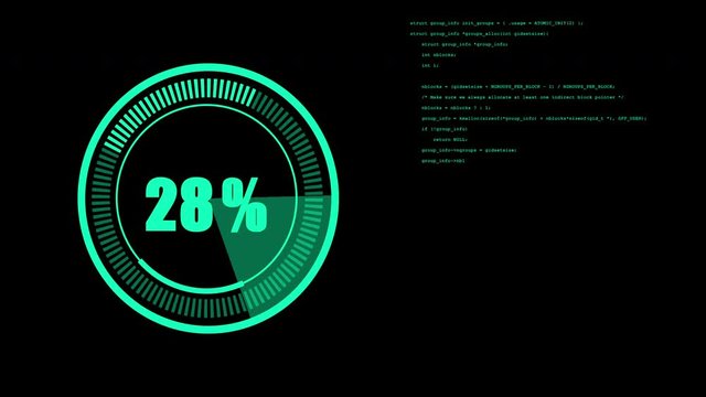 Green 2D digital HUD graphic progress display and text typing on black screen - futuristic technology background concept
