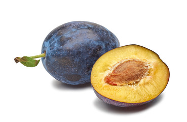 juicy plum one whole and one half on a white background