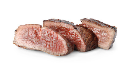 Delicious sliced beef steak isolated on white