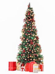 New Year and Christmas tree decorated with toys on a white background