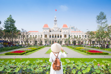 Tourist woman is sightseeing at famous landmark of Hochiminh City 