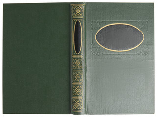 Open old book with vintage green cover isolated on white, top view