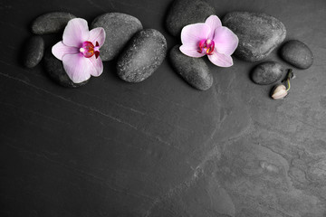 Stones with orchid flowers and space for text on black  background, flat lay. Zen lifestyle