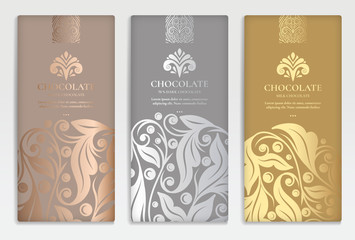 Silver and gold vintage set of chocolate bar packaging design. Vector luxury template with ornament elements. Can be used for background and wallpaper. Great for food and drink package types.