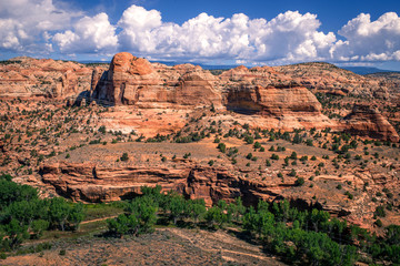 Panoramic landscape of Capitol Reef National Park in Utah. Travelling in U.S. The road and landscape. Giant Twin Rocks of Capitol Reef National Park in Utah