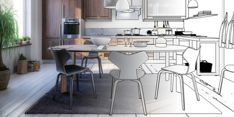 Modern Kitchen Arean with Dining Room Integration (panoramic concept) - 3d visualization