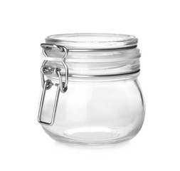 Closed empty glass jar isolated on white