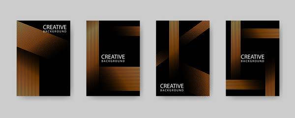 Minimal covers design. Modern background with golden stripes on dark space for use element placards, banners, flyers, posters etc. Colorful halftone gradients. Future geometric patterns.