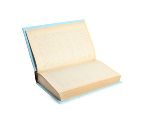 Open old book with light blue cover isolated on white