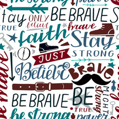 Seamless christian colorful pattern with hand lettering words Faith, be brave, strong, stay, believe, true