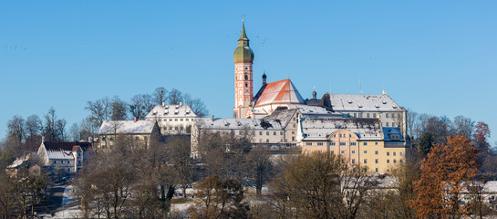 ANDECHS, BAVARIA / GERMANY - December 3, 2019: Panorama view on Andechs Monastery (Kloster...