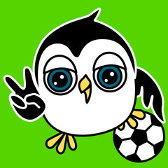 Emoticon with a penguin soccer player who stands with one foot on the ball showing V-victory hand gesture or sign, happy smiling gambler