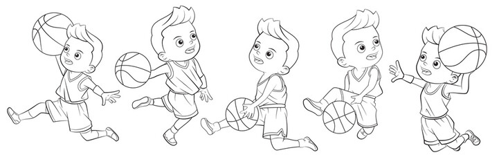 Cartoon collection of boys playing basketball for coloring books