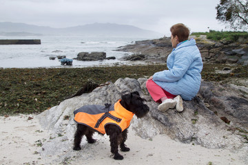 lonely senior woman with her dog looking at the sea from the coast