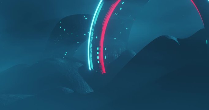 Blue Sunset on Alien Planet Rocky desert covered with a thick blue mist and an alien mega-structure alien construction sci fi concept of extraterrestrial world 3d rendering