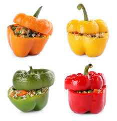 Set of delicious stuffed bell peppers on white background