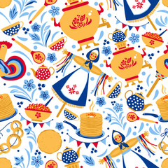 Shrovetide or Maslenitsa. Russian inscription Maslenitsa wide Wide Maslenitsa seamless pattern. Great Russian holiday Shrovetide. Vector illustration.