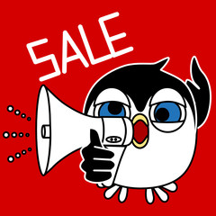 Emoticon with a cool penguin holding a megaphone in his hand and shouting Sale, vector color clip art