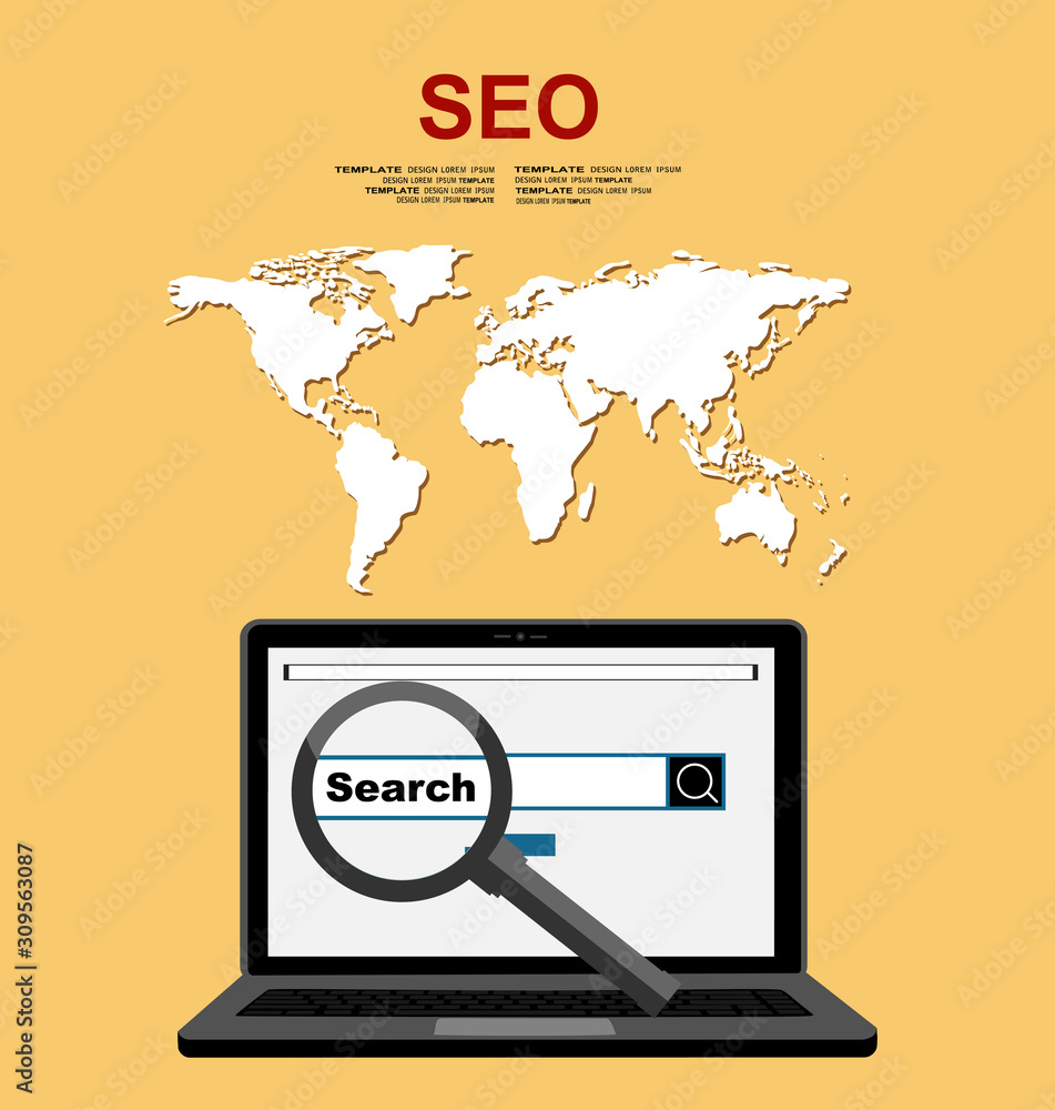 Poster seo search engine optimization concept, notebook with search engine, magnifying glass, gears and wor