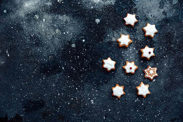 Christmas gingerbread. New Year's holidays. Christmas background with gingerbread. Top view, flat lay
