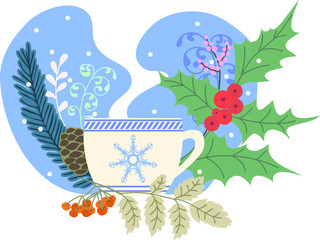Winter tea, holly, rowan and Christmas tree, colored illustration, hygge concept