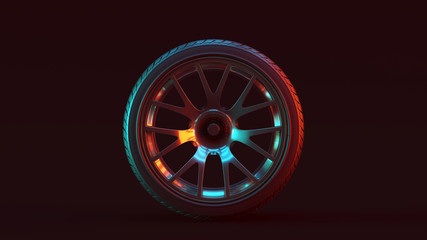 Silver Alloy Rim Wheel Retro Wheel with a Complex 14 Spoke Offset Open Wheel Design with Racing Tyre with Red Blue Moody 80s lighting 3d illustration 3d render