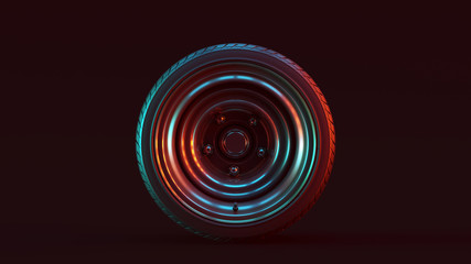 Silver Alloy Rim Wheel Retro Wheel with a Old School Closed Retro Wheel Design with Racing Tyre with Red Blue Moody 80s lighting 3d illustration 3d render