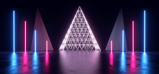 Neon Laser Show Night Dark Club Stage Hallway Tunnel Underground Cyber Glowing Purple Blue Pylons And Wire Mesh Pyramid Shape Background 3D REndering