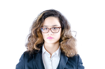 Portrait of young woman brunettes wearing glasses isolated on white background