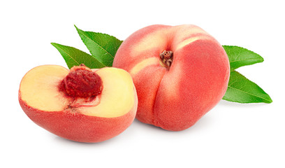 Ripe chinese flat peach fruit and half with leaf isolated on white background