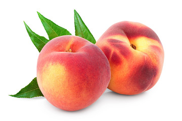 Ripe peach fruit with leaf isolated on white background