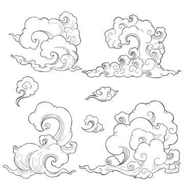 Oriental  Japanese, Chinese, Thailand cloud with vertical shape vector set 
