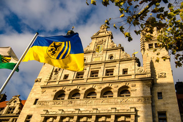 New City Hall Neues Rathaus with flag of Leipzig in front of building in historical part of...