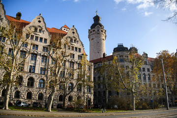 Morning view to New City Hall Neues Rathaus in historical part of Leipzig, Germany. November 2019
