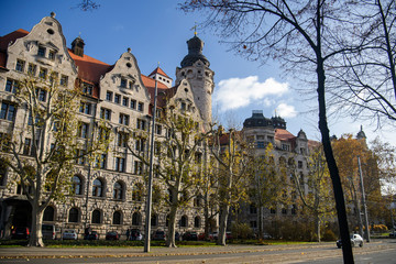 Naklejka premium Morning view to New City Hall Neues Rathaus in historical part of Leipzig, Germany. November 2019