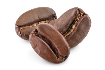 roasted coffee beans isolated on white background.