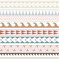 Vector ethnic boho seamless pattern in maori style. Geometric border with decorative ethnic elements. Pastel colors horizontal pattern.