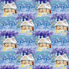 watercolor snowy winter house with a brick pipe pattern
