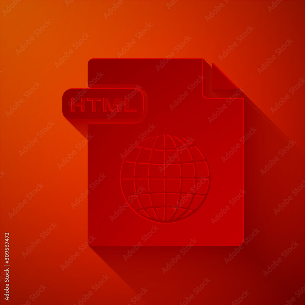 Poster paper cut html file document. download html button icon isolated on red background. html file symbol