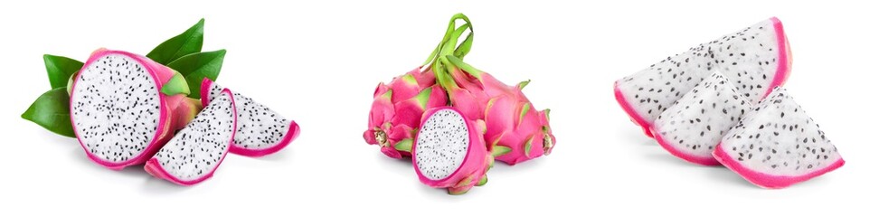 Ripe Dragon fruit, Pitaya or Pitahaya isolated on white background, fruit healthy concept. Set or collection