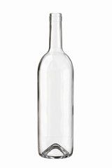 Empty Clear Glass Bottle for Wine. 750, 1000 ml, 25.36 oz, 75, 100 cl, 1, 0.75 L of volume. 3D Illustration Isolated on White Background.